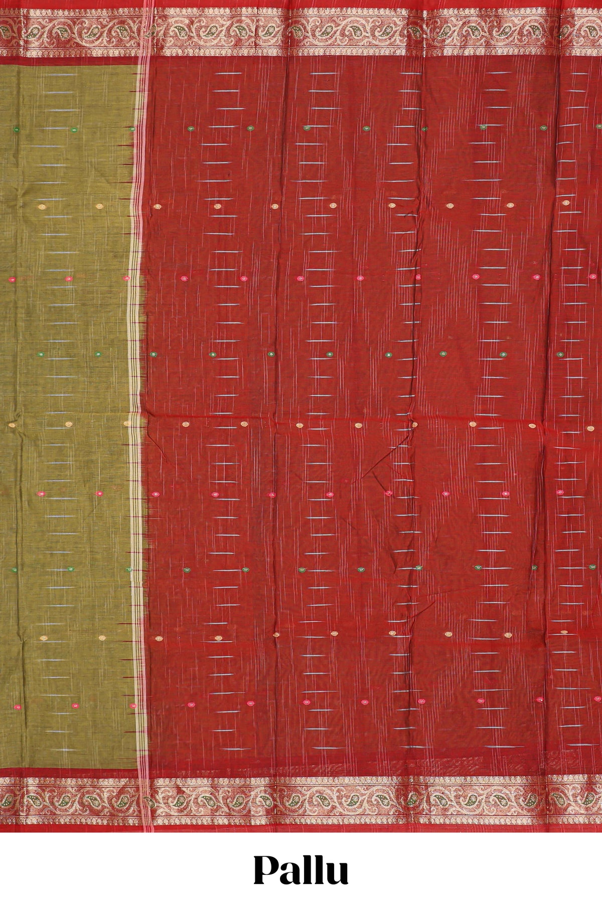 Olive green motifs design bengal cotton saree with contrast border and matching blouse