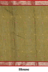 Olive green motifs design bengal cotton saree with contrast border and matching blouse