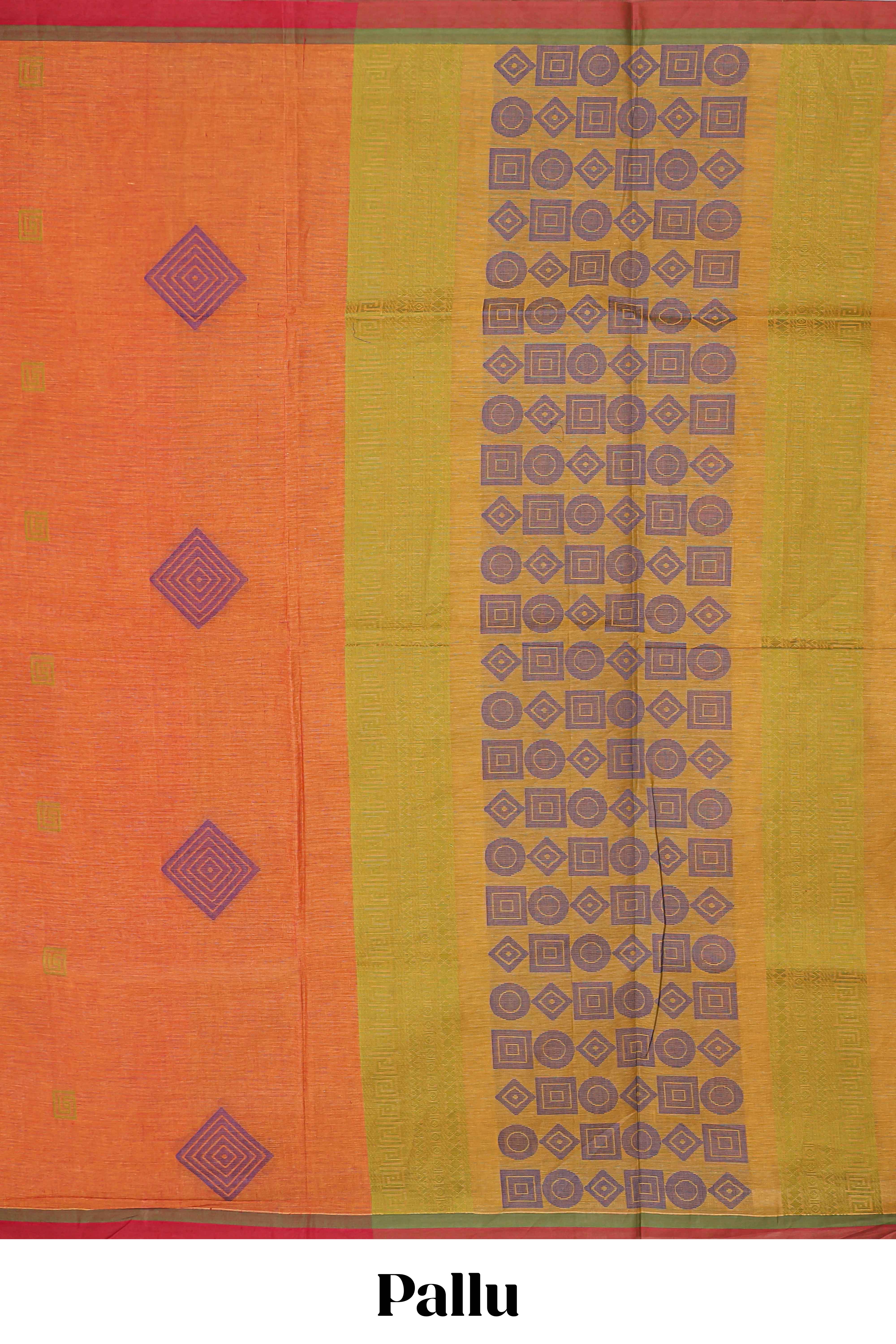 Orange geometric motifs design bengal cotton saree with contrast border and blouse