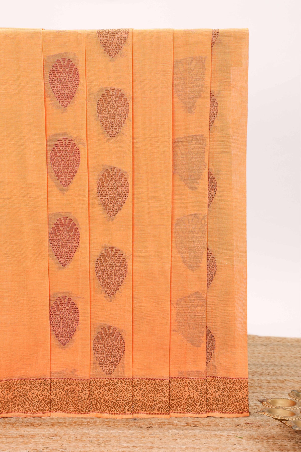 Orange motifs design bengal cotton saree with self border and matching blouse