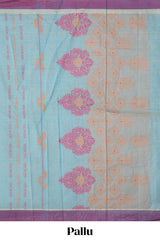 Light blue striped bengal cotton saree with contrast border and matching blouse