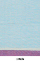 Light blue striped bengal cotton saree with contrast border and matching blouse
