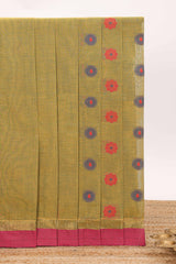 Olive green floral butta designed bengal cotton saree with contrast border and matching blouse