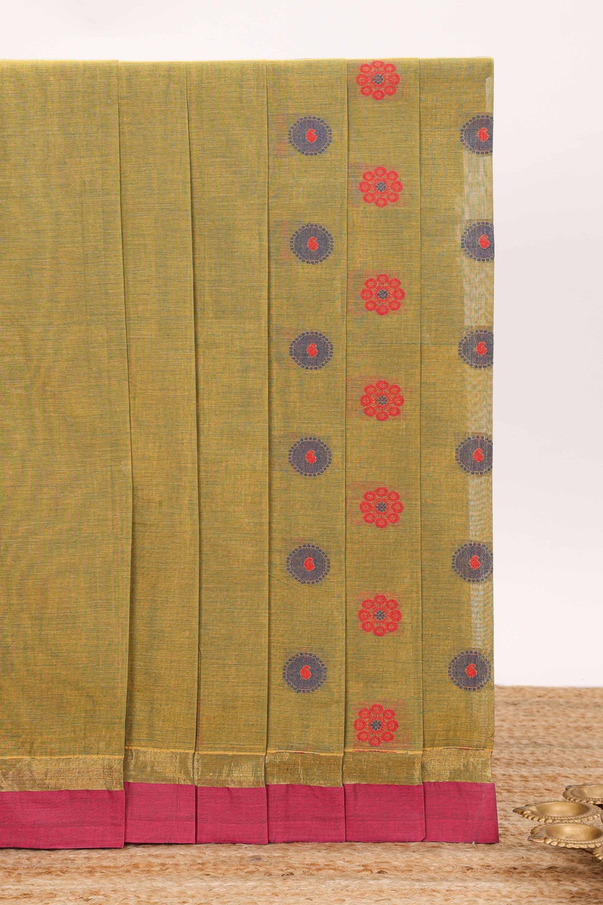 Olive green floral butta designed bengal cotton saree with contrast border and matching blouse