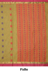 Olive green floral butta designed bengal cotton saree with contrast border and matching blouse