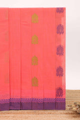 Peach floral butta designed bengal cotton saree with contrast border and matching blouse