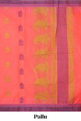 Peach floral butta designed bengal cotton saree with contrast border and matching blouse