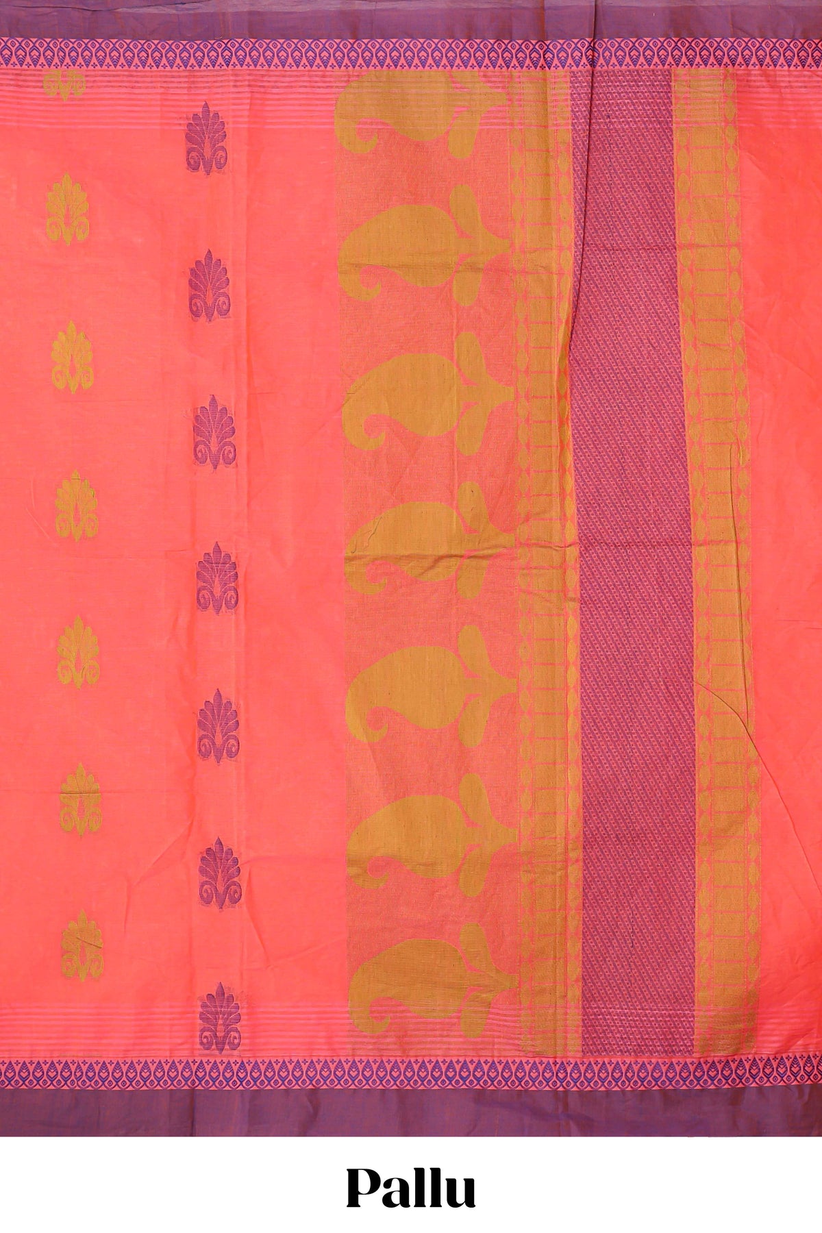 Peach floral butta designed bengal cotton saree with contrast border and matching blouse