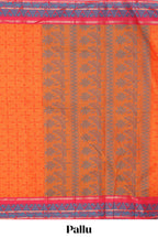 Orange floral designed bengal cotton saree with contrast border and matching blouse