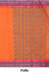 Orange floral designed bengal cotton saree with contrast border and matching blouse