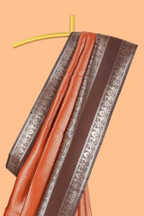 Rust orange zari checked design semi soft silk saree with contrast bentex zari border and pallu