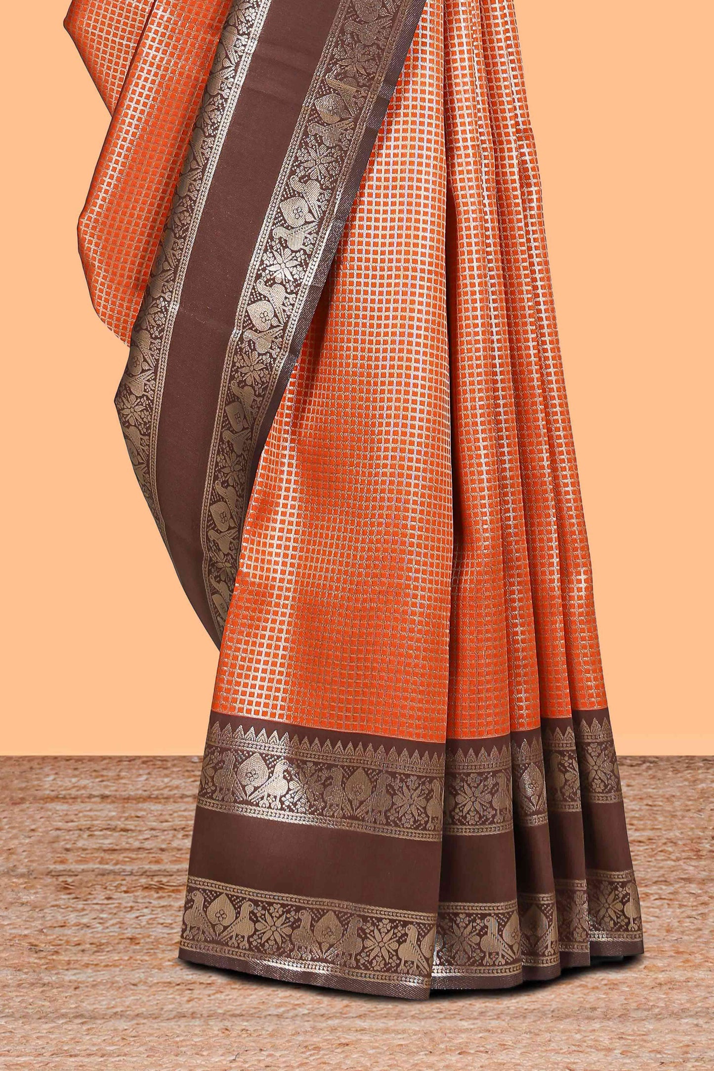 Rust orange zari checked design semi soft silk saree with contrast bentex zari border and pallu