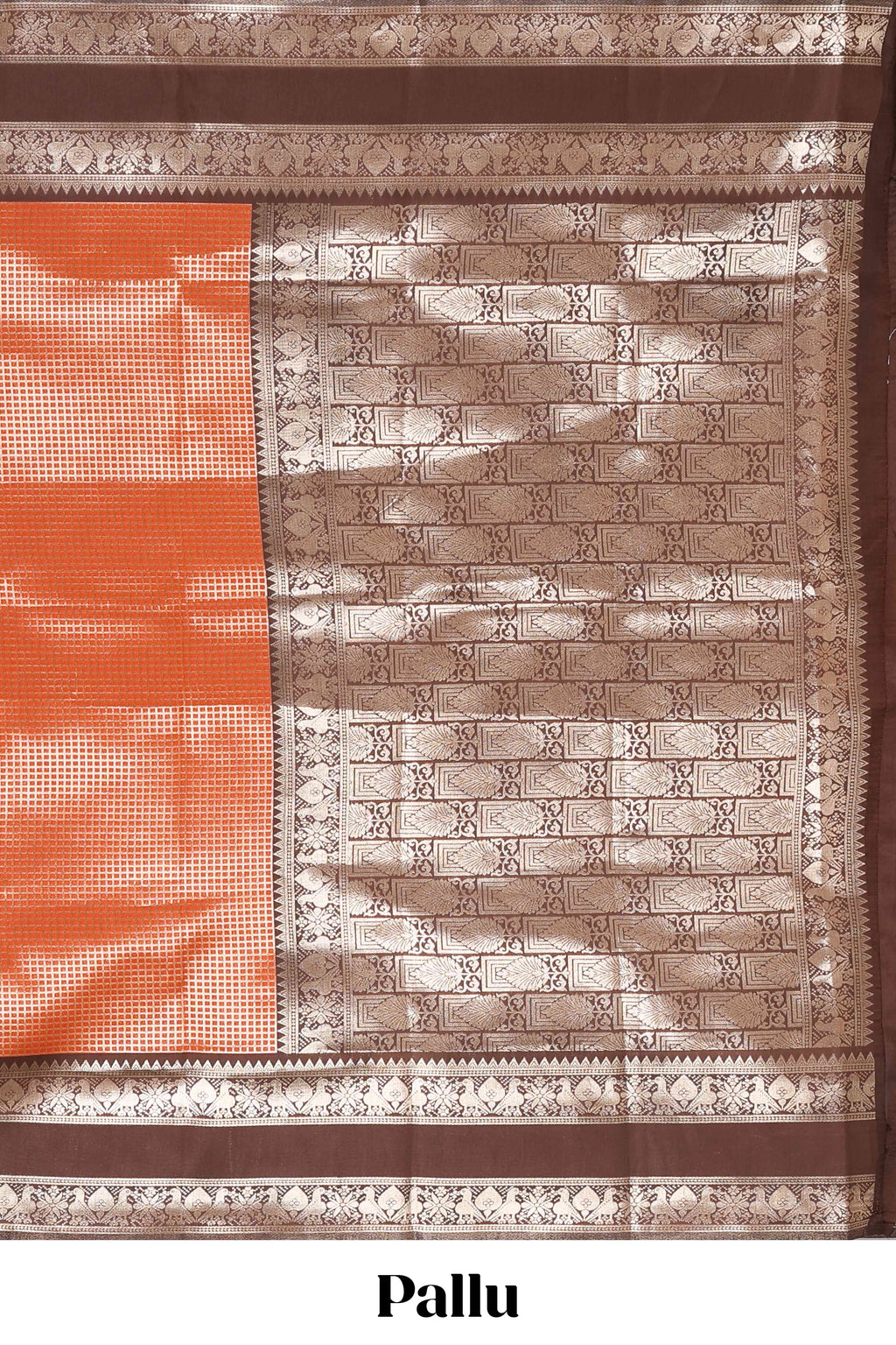 Rust orange zari checked design semi soft silk saree with contrast bentex zari border and pallu