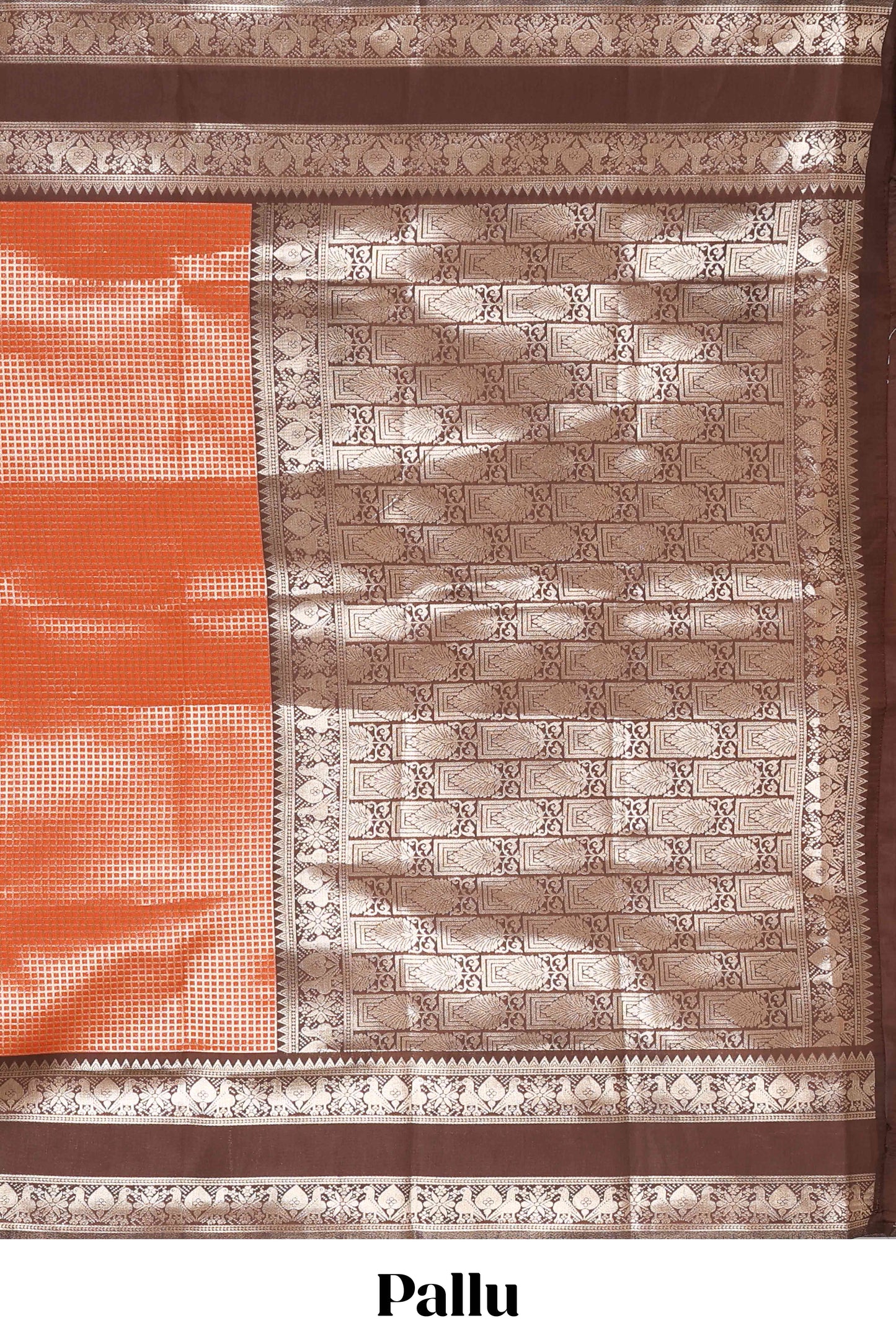 Rust orange zari checked design semi soft silk saree with contrast bentex zari border and pallu