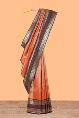 Rust orange zari checked design semi soft silk saree with contrast bentex zari border and pallu