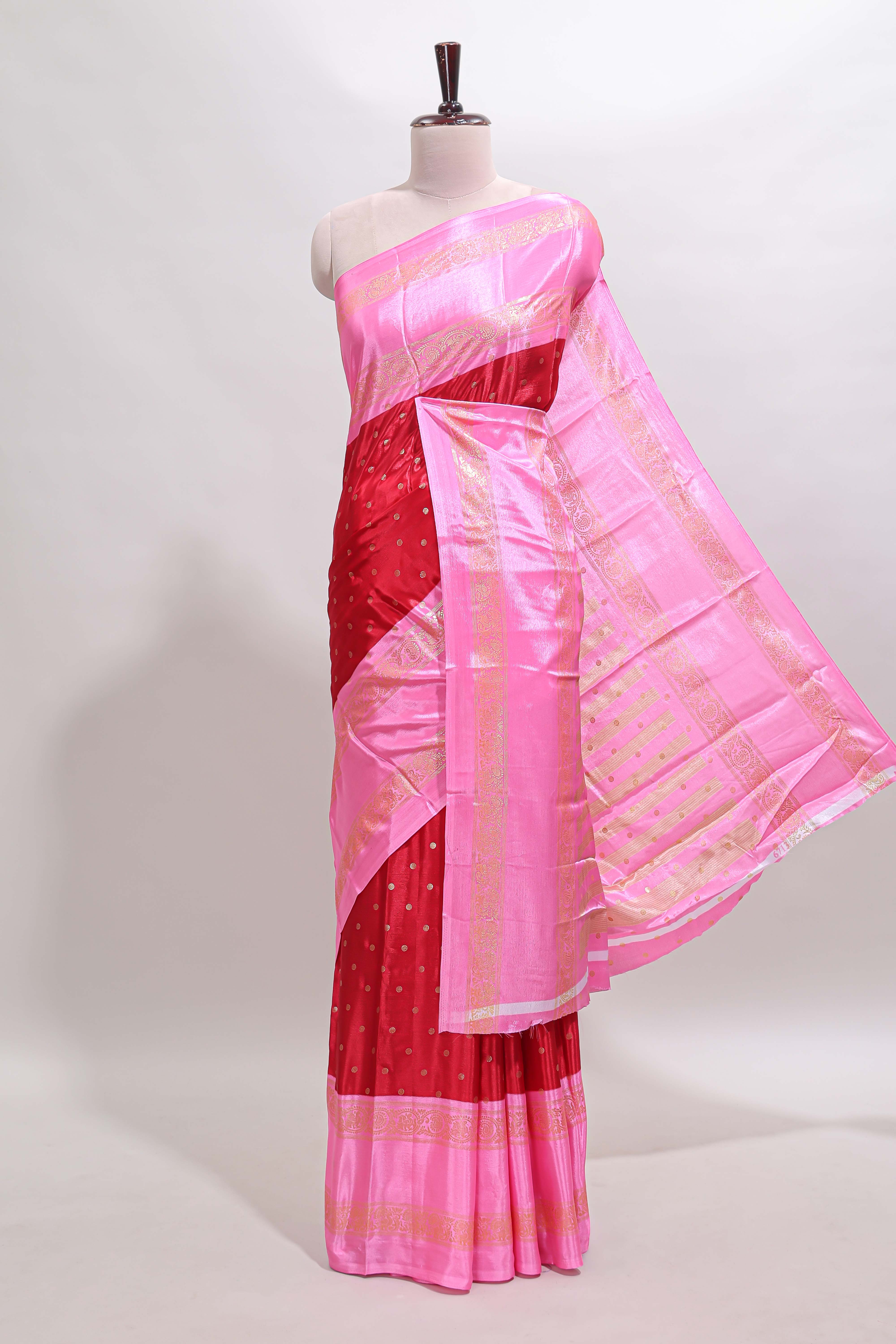 Red zari butta semi soft silk saree with contrast bentex border and zari striped pallu