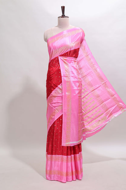 Red zari butta semi soft silk saree with contrast bentex border and zari striped pallu