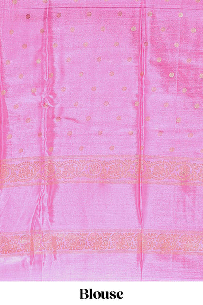 Red zari butta semi soft silk saree with contrast bentex border and zari striped pallu