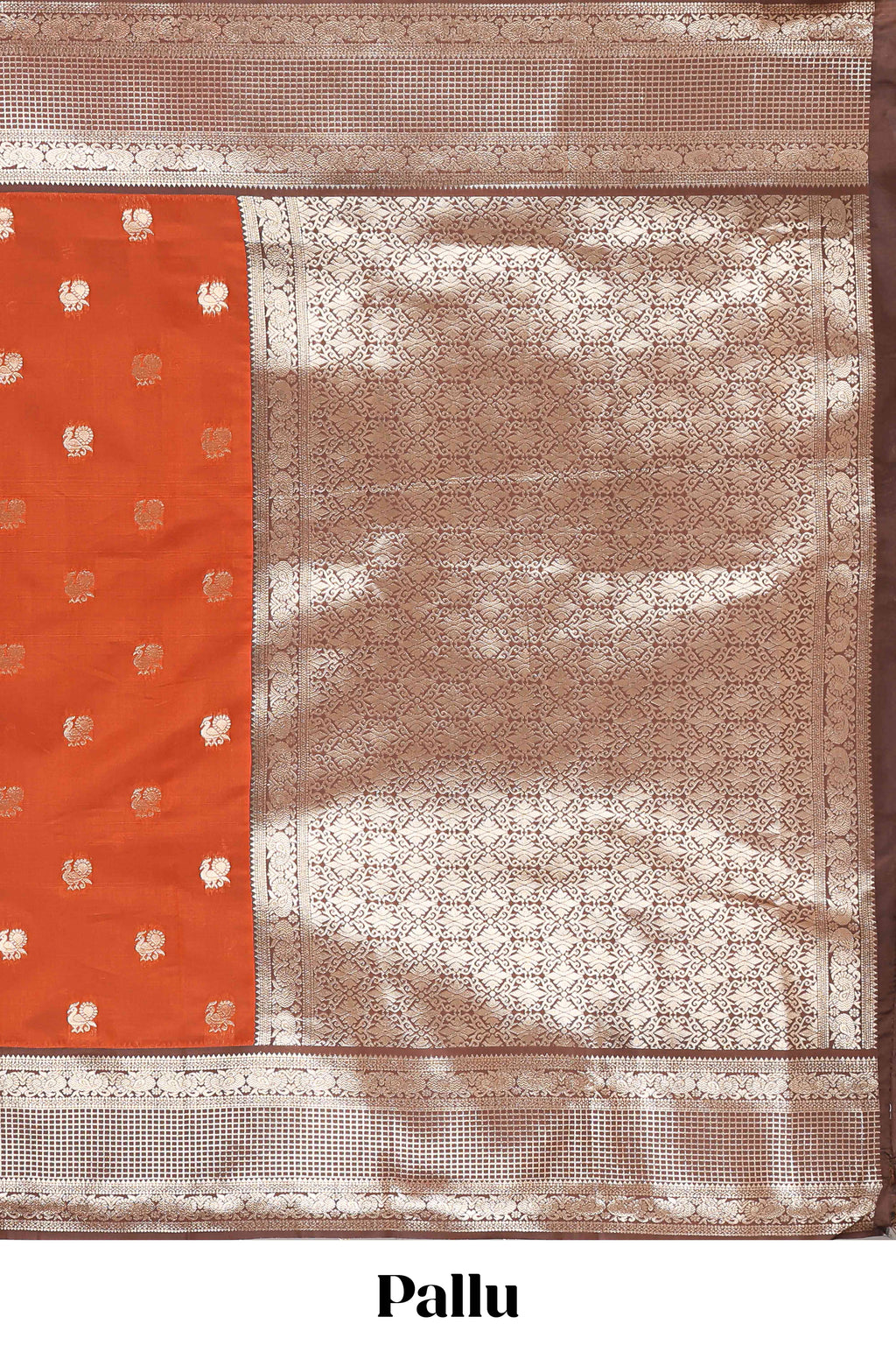 Rust orange peacock zari motifs design semi soft silk saree with contrast zari border and pallu