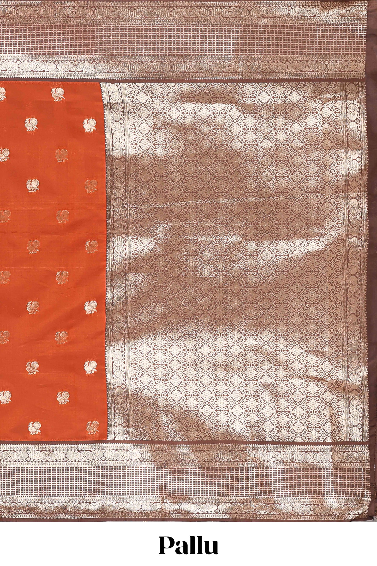 Rust orange peacock zari motifs design semi soft silk saree with contrast zari border and pallu