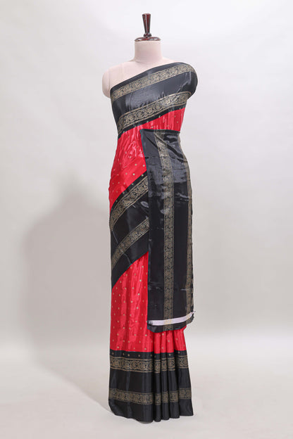 Red zari butta semi soft silk saree with contrast black bentex border and zari striped pallu