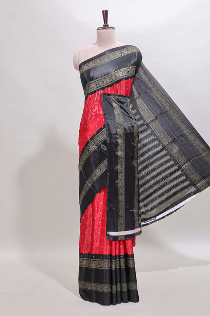 Red zari butta semi soft silk saree with contrast black bentex border and zari striped pallu