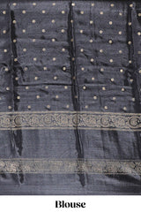 Red zari butta semi soft silk saree with contrast black bentex border and zari striped pallu