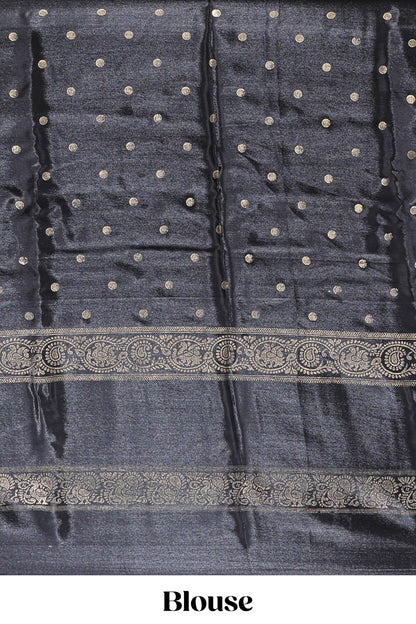 Red zari butta semi soft silk saree with contrast black bentex border and zari striped pallu