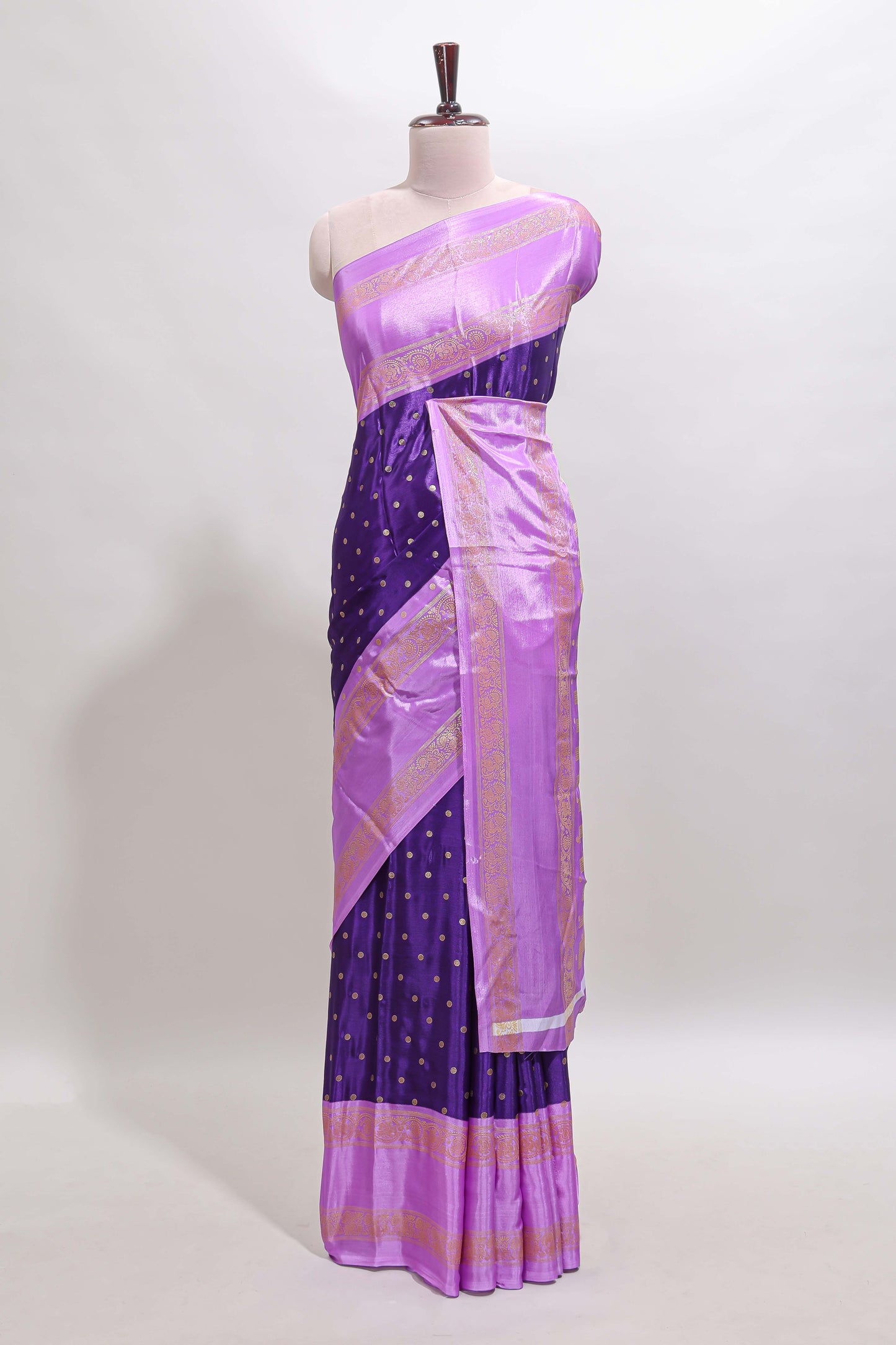 Violet zari butta semi soft silk saree with contrast bentex border and zari striped pallu