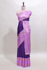 Violet zari butta semi soft silk saree with contrast bentex border and zari striped pallu