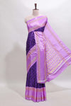Violet zari butta semi soft silk saree with contrast bentex border and zari striped pallu