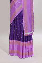 Violet zari butta semi soft silk saree with contrast bentex border and zari striped pallu