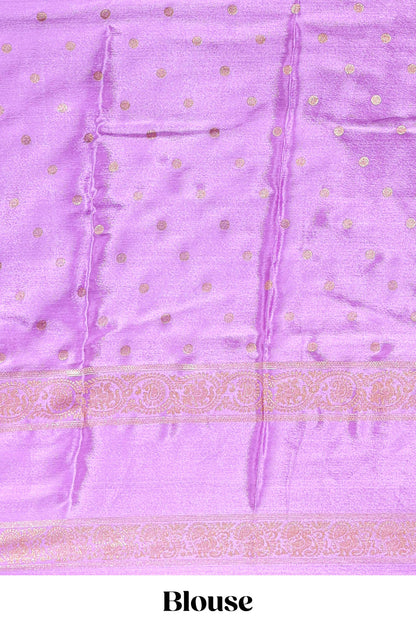 Violet zari butta semi soft silk saree with contrast bentex border and zari striped pallu