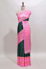 Bottel green zari butta semi soft silk saree with contrast bentex border and zari striped pallu
