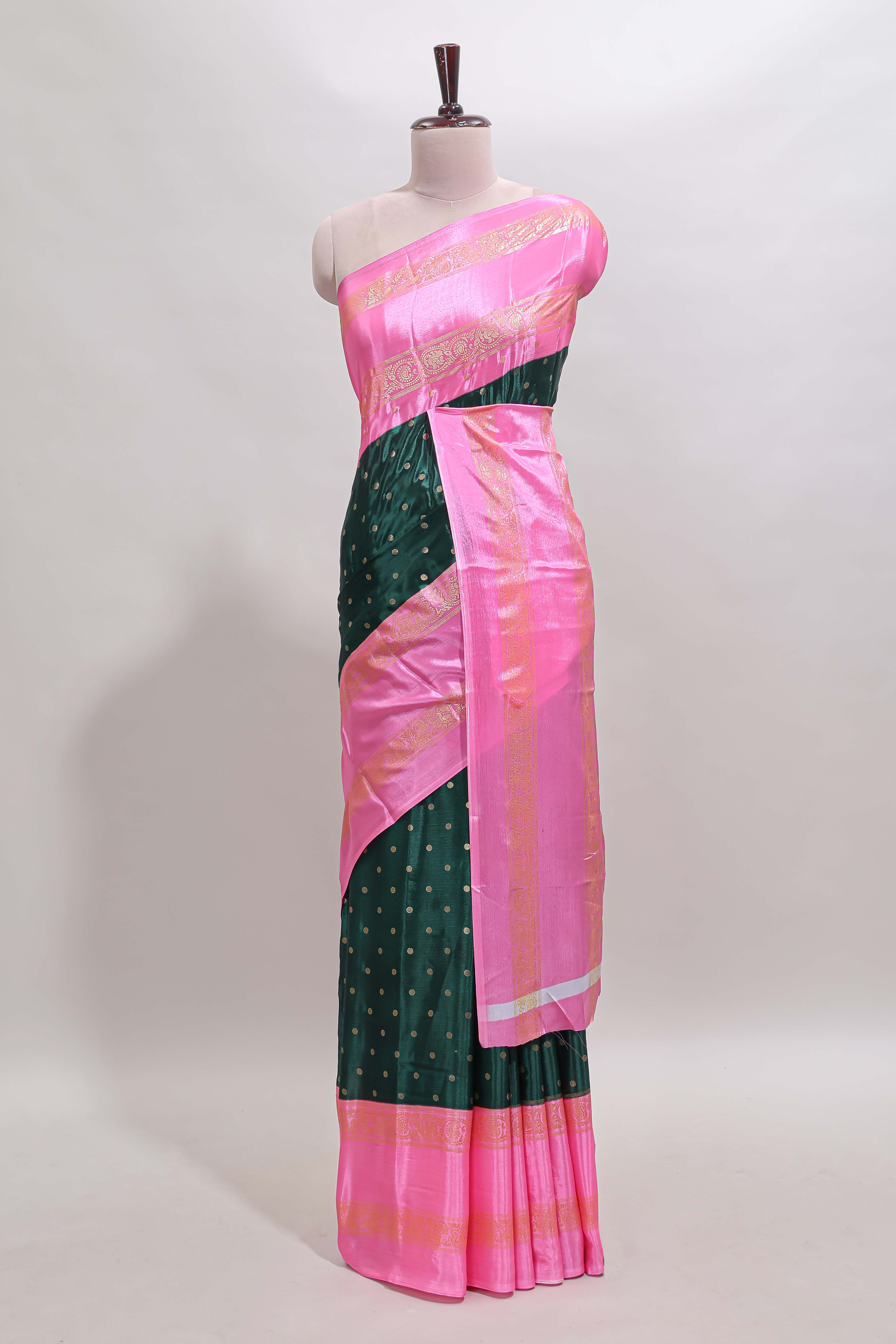 Bottel green zari butta semi soft silk saree with contrast bentex border and zari striped pallu