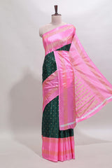 Bottel green zari butta semi soft silk saree with contrast bentex border and zari striped pallu