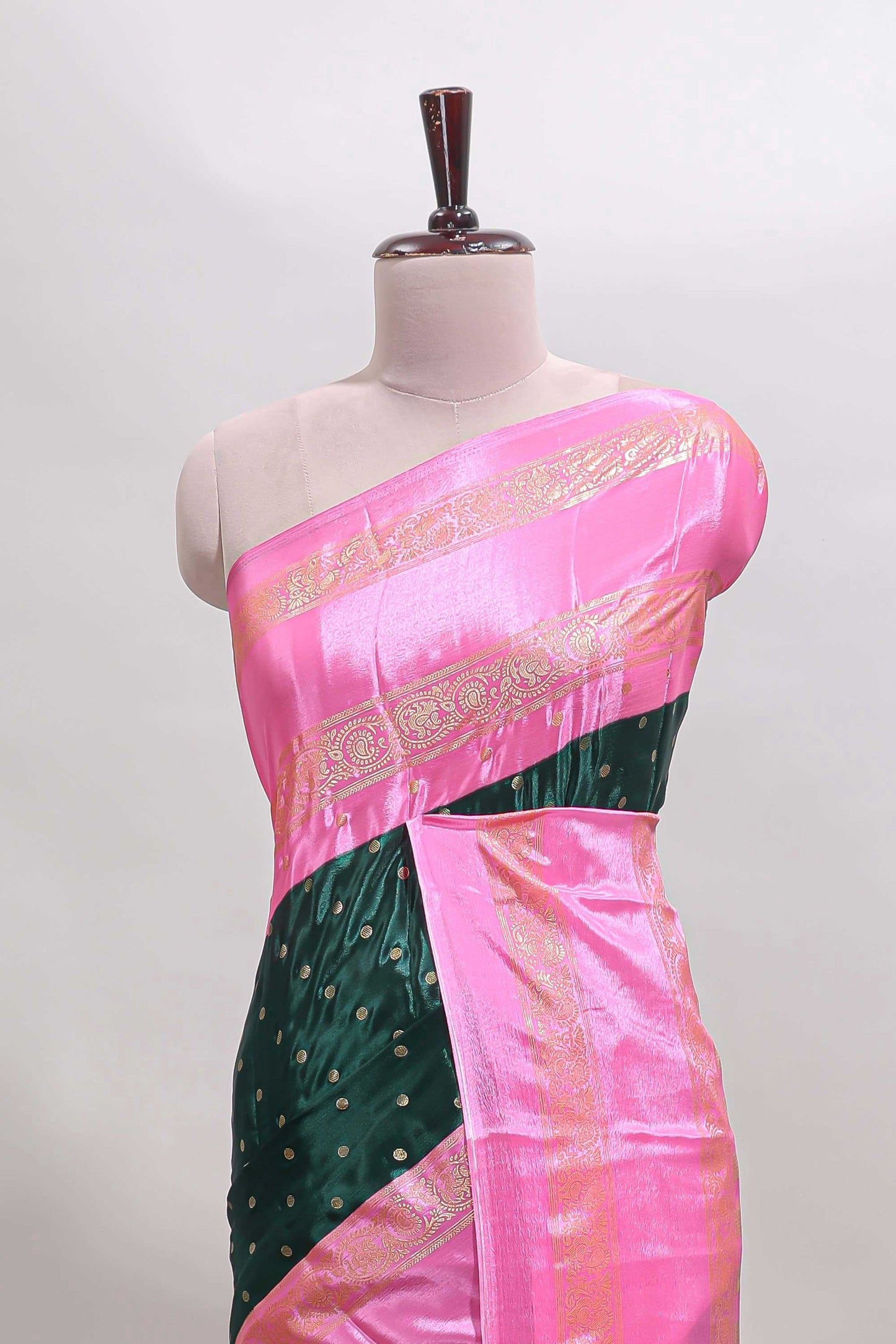 Bottel green zari butta semi soft silk saree with contrast bentex border and zari striped pallu