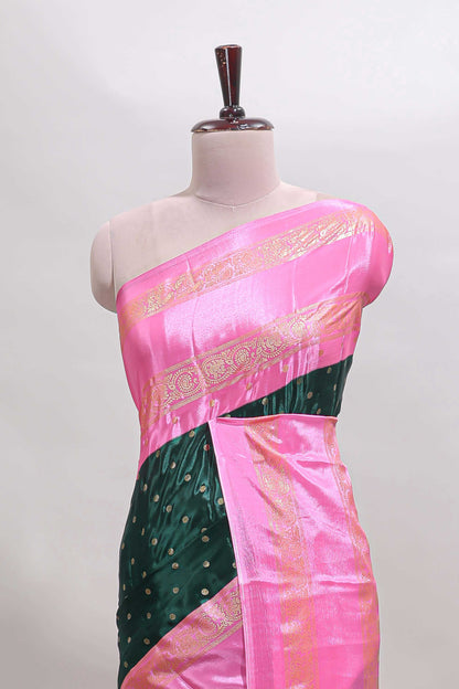 Bottel green zari butta semi soft silk saree with contrast bentex border and zari striped pallu