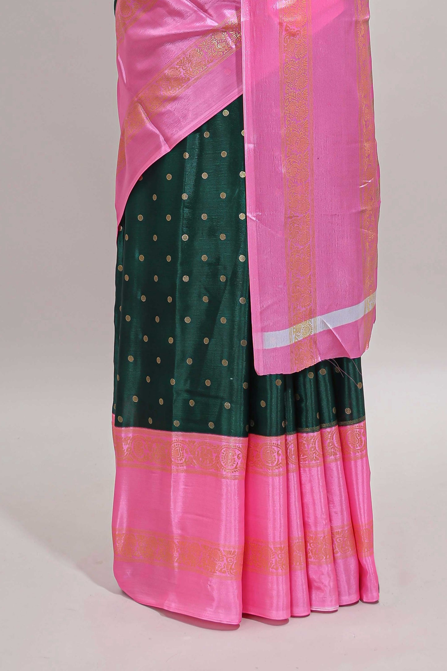 Bottel green zari butta semi soft silk saree with contrast bentex border and zari striped pallu