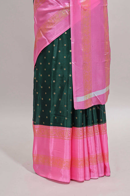 Bottel green zari butta semi soft silk saree with contrast bentex border and zari striped pallu