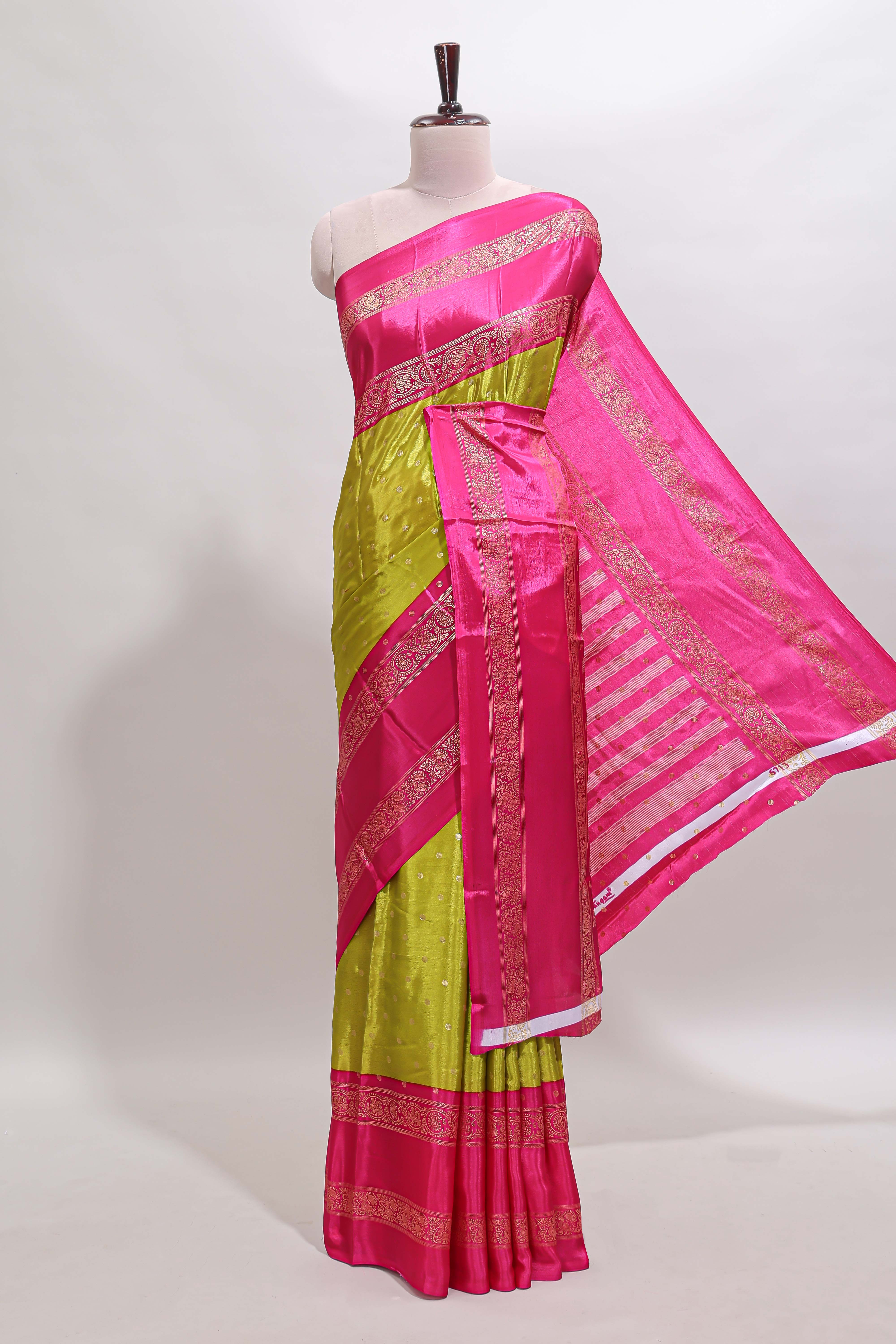 Lime green zari butta semi soft silk saree with contrast bentex border and zari striped pallu