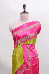 Lime green zari butta semi soft silk saree with contrast bentex border and zari striped pallu