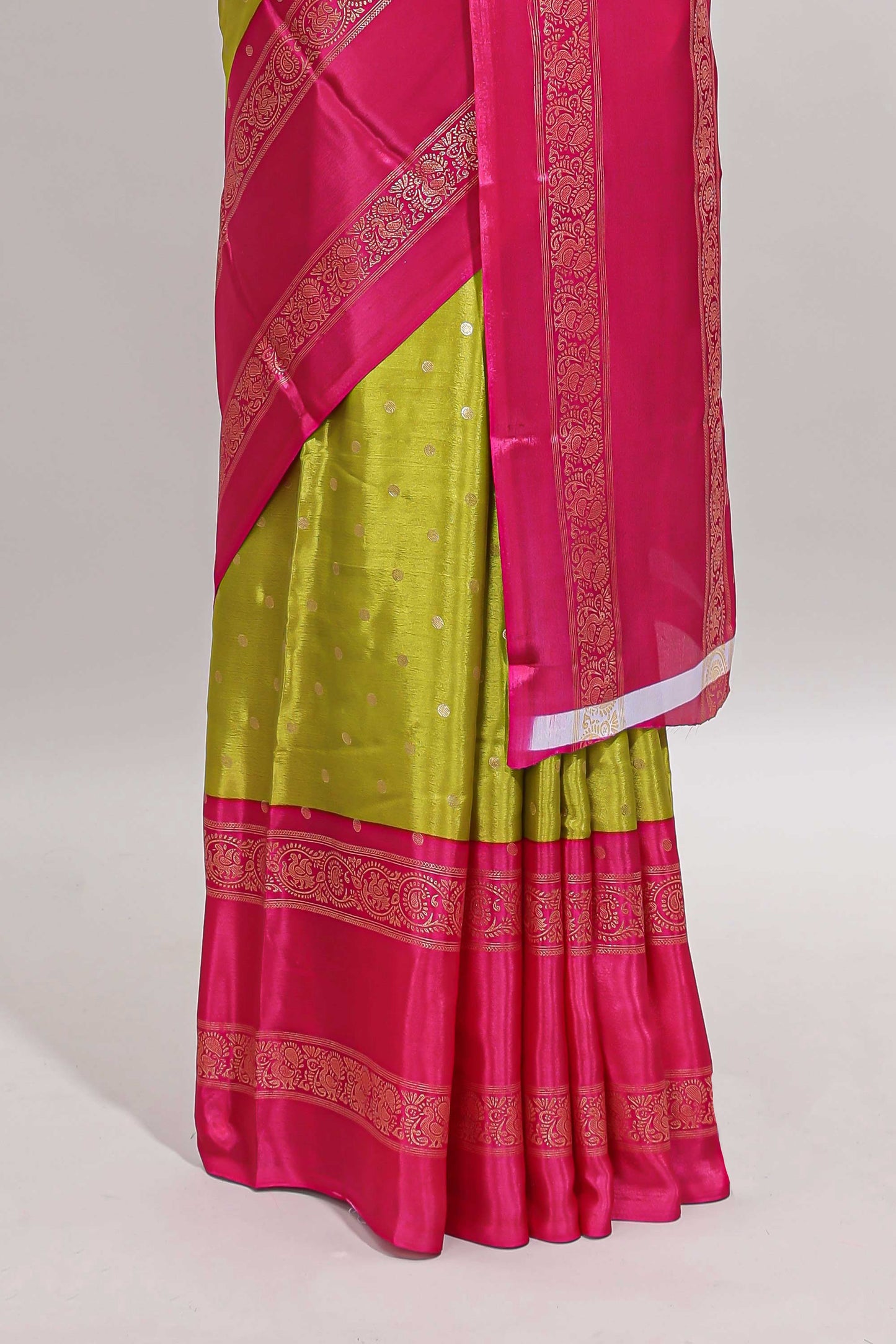 Lime green zari butta semi soft silk saree with contrast bentex border and zari striped pallu