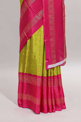 Lime green zari butta semi soft silk saree with contrast bentex border and zari striped pallu