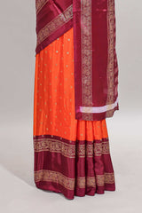 Orange zari butta semi soft silk saree with contrast bentex border and zari striped pallu