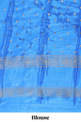 Blue zari butta semi soft silk saree with contrast bentex border and zari striped pallu