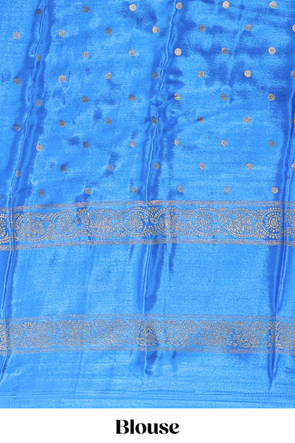 Blue zari butta semi soft silk saree with contrast bentex border and zari striped pallu