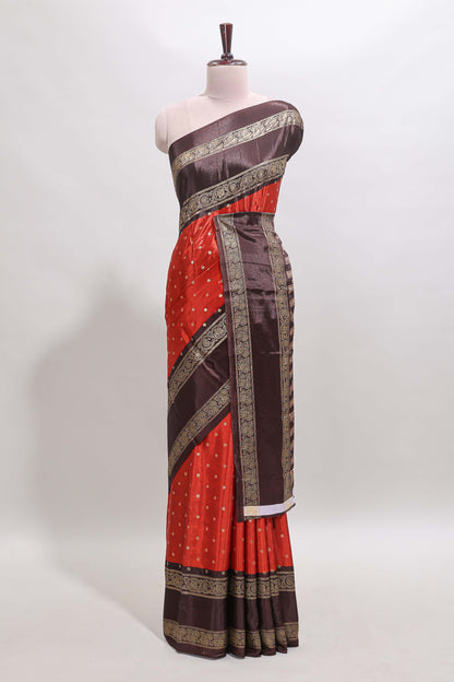 Deep orange zari butta semi soft silk saree with contrast bentex border and zari striped pallu