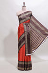 Deep orange zari butta semi soft silk saree with contrast bentex border and zari striped pallu