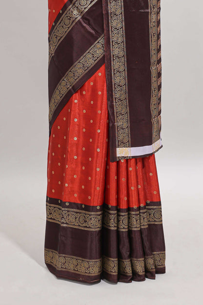 Deep orange zari butta semi soft silk saree with contrast bentex border and zari striped pallu